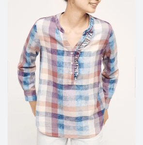 Anthropologie Isabella Sinclair Blouse Medium Pink Blue Plaid Ruffle Henley Top - Picture 1 of 15