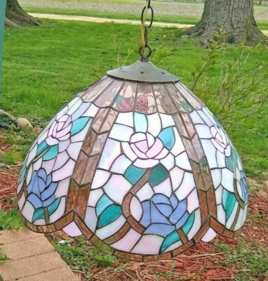 Tiffany Style Stained Glass with Copper Filament Hanging Lamp Floral Design  - Image 1 of 4