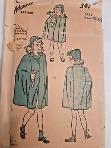 Cape Poncho Coat Hat Advance Sewing Pattern 347 Girls Size 4 Cut VTG 1930's 
