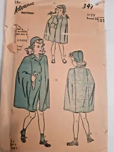 Cape Poncho Coat Hat Advance Sewing Pattern 347 Girls Size 4 Cut VTG 1930's - Picture 1 of 5