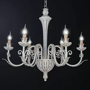Lampadario 6 luci legno artistico classico E FERRO FORGIATO AVORIO INVECCHIATO - Foto 1 di 1