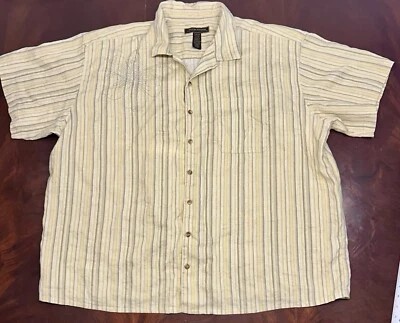 Camisa abotonada George Foreman para hombre 4XB lino amarillo rayas bordado floral Foto 1 de 4