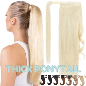 Long Ponytail Clip In 100% Remy Human Hair Extensions Wrap Around Claw Blonde US - Picture 1 of 78