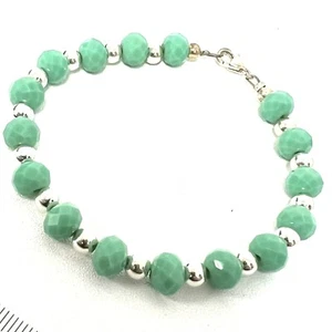 Bracelet With 925 Pure Silver Balls And Green Synthetic Jade Beads - Picture 1 of 1