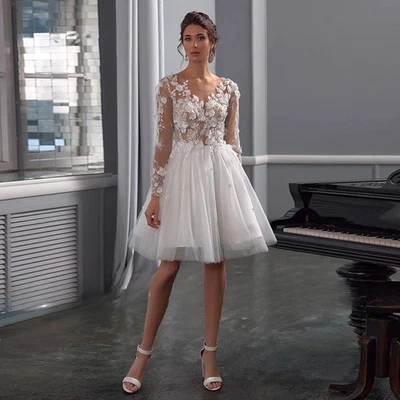 Элегантное короткое свадебное платье на заказ свадебное платье видеть через 3D цветы блестящий тюль - Изображение 1 из 4