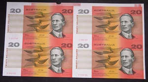 (1993) $20 Uncut Block of 4 - Fraser/Cole.. Red Serials.. In NPA Low # Folder - Picture 1 of 5