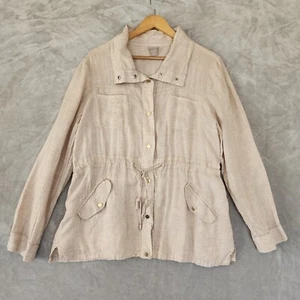 Chicos Linen Jacket Womens Medium 2 Utility Snap Drawstring Waist Oatmeal 100% - Picture 1 of 8
