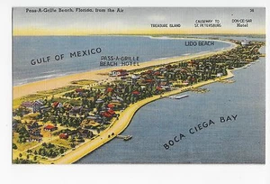 Vintage Postcard Pass-A-Grille Florida Aerial View Gulf of Mexico Boca Ciego Bay - Picture 1 of 4