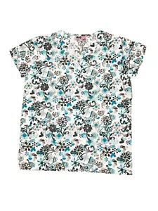 Womens Fashion Medical Nursing Scrub Tops Printed Gray and Colorful Flowers S - Picture 1 of 2