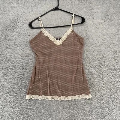 Camisa sin mangas Lily White Y2K para mujer pequeña marrón lunares encaje ribete malla años 90 Foto 1 de 4
