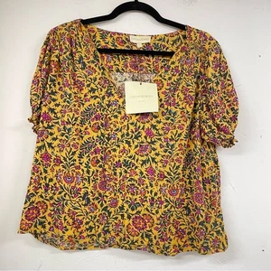 Cynthia Rowley gelb Blumen Puffärmel gesmokte Boho Bluse Damen L Sommer - Bild 1 von 8