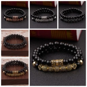 Hot Luxury Micro Pave CZ Ball Crown Charm Bracelets Men Jewelry Matte Agate Bead - Picture 1 of 35