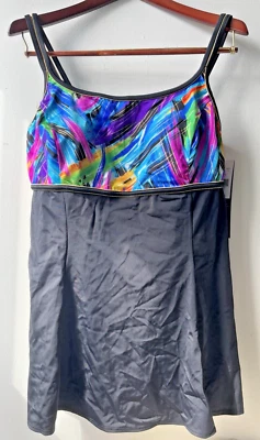 NWT Longitude Swim Suit Womens sz 14 One Piece Black/Multi/Gold Slimmer w/Skirt - Image 1 of 4