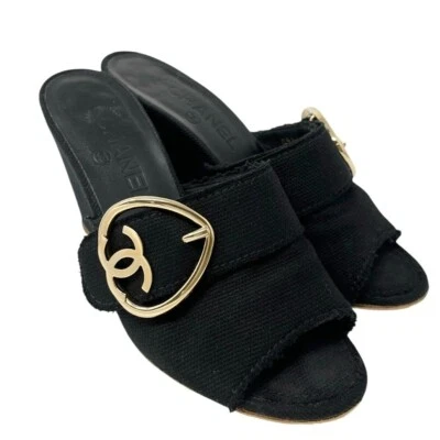 Sandalias Chanel Vintage Marca CC Logo Hebilla Corazón #36.5-37 Algodón Negro Dorado Foto 1 de 4