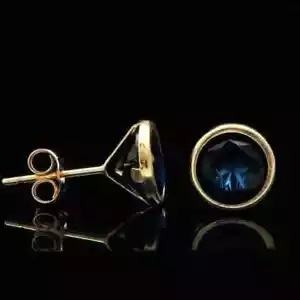 2 Ct Round Simulated Sapphire Women Bezel Stud Earrings 14K Yellow Gold Finish - Picture 1 of 5