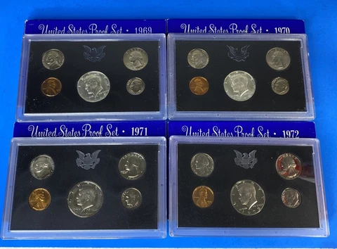 Lot of 4, 1969 1970 1971 1972 Proof Set US Mint 6 coin sets OGP, A, inc case Cover
