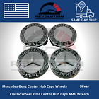Set Of 4 Mercedes-Benz Silver & Black 75Mm Wheel Rim Center Hub Caps Amg Wreath