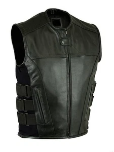  MENS BIKER UPDATED SWAT TEAM STYLE MOTORCYCLE LEATHER VEST W/2 GUN POCKETS NEW - Picture 1 of 2