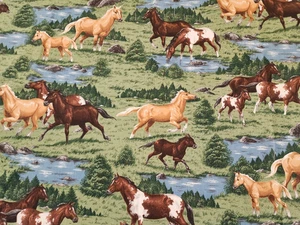 Vintage Cranston VIP Print Works Wild Horses Fabric Green Cotton 44 x 70 in - Picture 1 of 11