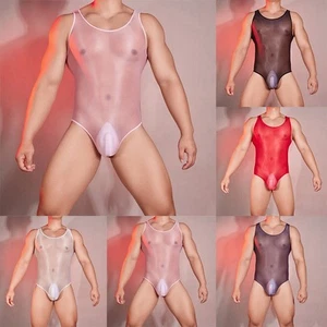 Breathable Sheer Mesh Men's Bodysuit Oil Glossy See Through Stretchy Sleeveless - Picture 1 of 22