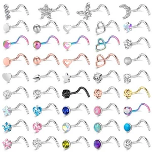 44 Pcs 20G Screw Nose Rings Studs Corkscrew Nose Rings for Women Nose Piercin... - Picture 1 of 7