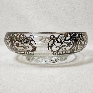 Vtg Silver Overlay Glass Bowl Trinket Art Deco Nouvea Floral Scroll Footed - Picture 1 of 9