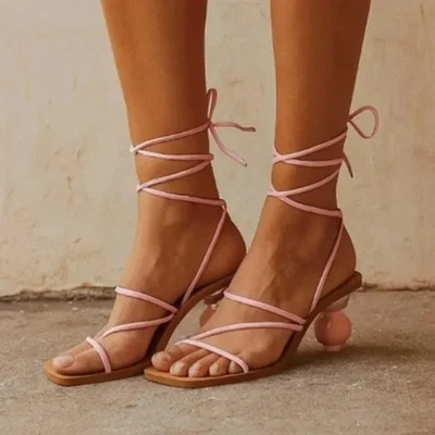 NWT INC Chedel Square Toe Lace Up Kitten Strappy Heels in Baby Pink Size 7 - Image 1 of 4