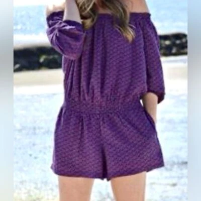 Mameluco corto Banana Republic talla pequeña azul marino/rosa geométrico fuera del hombro Foto 1 de 4