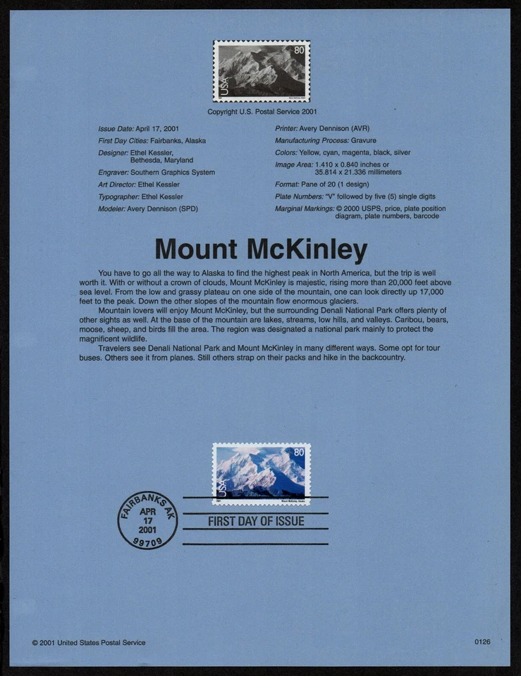 USA, SCOTT # C137, SOUVENIR PAGE - MOUNT McKINLEY, MOUNTAINS, AIRMAIL, YEAR 2001 - Image 1 of 1