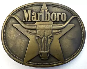 VTG 80's Marlboro SOLID BRASS Belt Buckle Bull Rodeo Cattle Patina 1987 - Picture 1 of 4