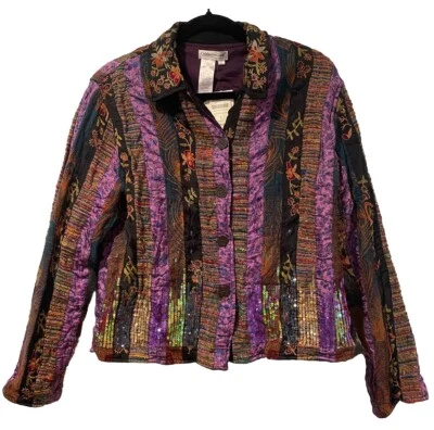NEW Coldwater Creek Jacket Womens Large 100% Silk Embroidered Sequin Indie Boho - Image 1 of 4