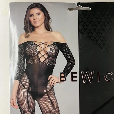Be Wicked Lace Bodystocking Off the Shoulder Plunge Faux Garter Teddy 1890 - Image 1 of 4