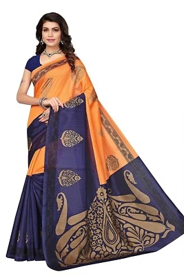 Voila Women's Printed Bhagalpuri Silk with Zari Saree (Orange, Blue) - Image 1 of 4