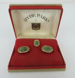 Vintage Hyde Park Oval Gold & Green Cufflinks and Tie Pin in Original Box - Picture 1 of 5