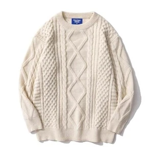 Oversized Knit Sweater Solid Vintage Pullover Sweater Unisex Woven Crewneck - Picture 1 of 7