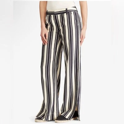 Calça Ralph Lauren listrada sarja perna larga fendas azul marinho bainha dividida náutica preppy - Imagem 1 de 4