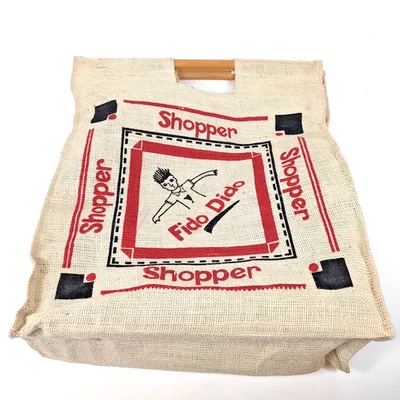 Vintage Y2K FIDO DIDO Burlap Canvas LARGE  Shopping Bag Wood Handles 7UP Pepsi - Image 1 of 4