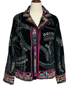 Chaqueta De Colección Coldwater Creek 1X Negra Colorida Terciopelo Bordada Artística Boho - Imagen 1 de 11