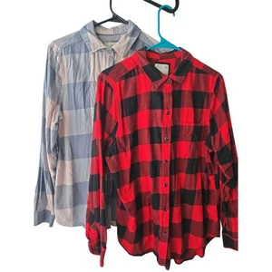 LOT OF 2 SO SOFT & COZY Flannel Shirt Womens LARGE Red & PINK Plaid Long Sleeve - Picture 1 of 12