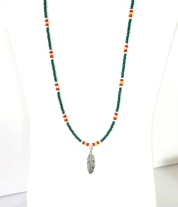 Green Red Tribal Seed Bead Men Necklace 20 inch Necklace Feather Pendant - Picture 1 of 4