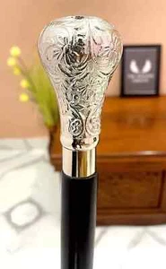 Vintage Antique Walking Cane Wooden Walking Stick Silver Brass Handle - Picture 1 of 6