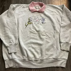 Vintage 80s Birds Flowers Grandma Collared Sweater Sweatshirt 2XL - Picture 1 of 4