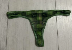 Victoria’s Secret PINK Vintage Mesh Thong Panties M Low Rise Dogs Plaid Green - Picture 1 of 6