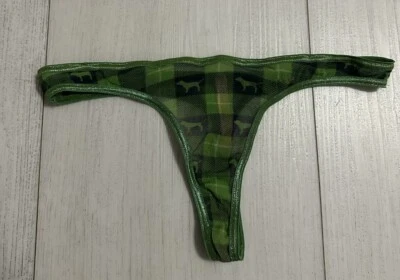 Victoria’s Secret PINK Vintage Mesh Thong Panties M Low Rise Dogs Plaid Green - Image 1 of 4