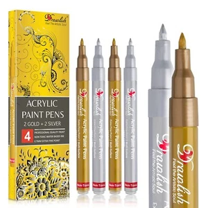 Acrylic Paint Pens Permanent Markers 2 Gold Pens & 2 Silver Paint Marker Pens Se - Picture 1 of 7
