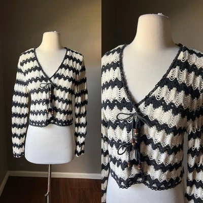 Vintage Y2K Wrapper Cardigan Top Small Black Ivory Crocheted Fairy Whimsigoth - Image 1 of 4