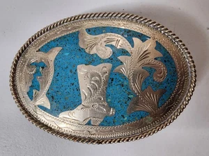 Botas de Vaquero Western Vintage Alpaca México Plata Y Turquesa Hebilla Cinturón - Imagen 1 de 3