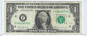 CIRCULATED Scattered Ladder 0 thru 7 $1 One Dollar Bill Fancy Serial F43216570H - Picture 1 of 3