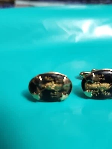 Lucite Damascene Style Asian Man Cufflinks Sword Flowers Parasol Large VTG - Picture 1 of 7