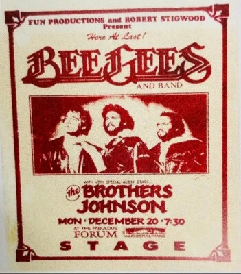 Bee Gees 12/20/76 LA Forum with Guest Brothers Johnson Backstage Pass - Image 1 of 2